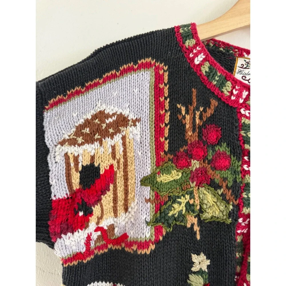 Heirloom Collectibles Vintage Christmas Cardigan Black Cardinal‎ Birdhouse Med M